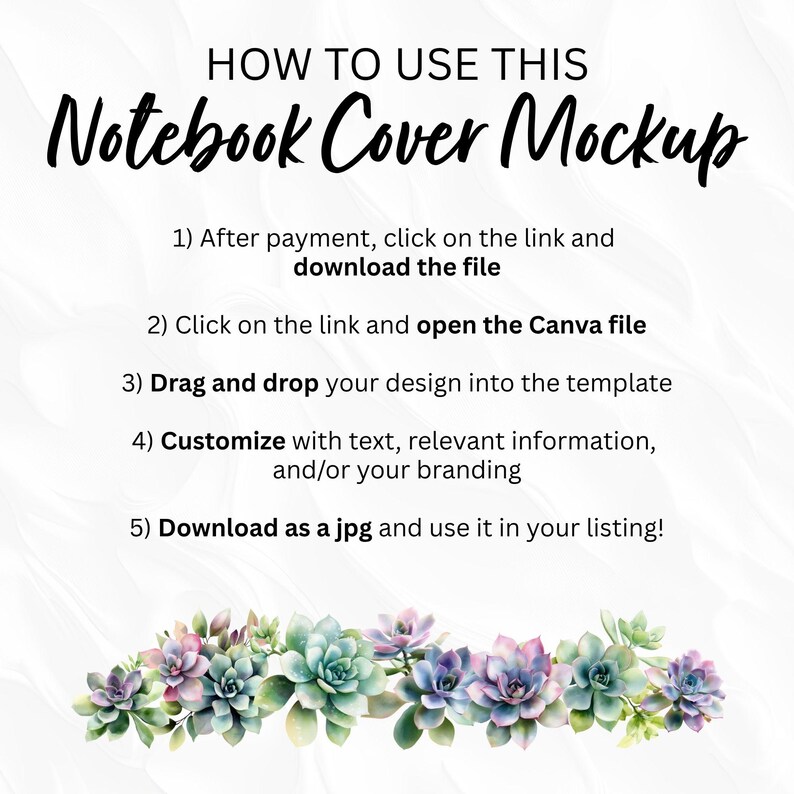 Pu&ograve; includere: Un mockup di copertina per notebook con istruzioni. Il testo recita "Come usare questo mockup di copertina per notebook". Le istruzioni includono il download del file, l'apertura del file Canva e la personalizzazione del design. Un bordo floreale di succulente &egrave; in basso.