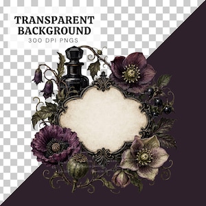 May include: An ornate, cream-colored oval frame with dark metal filigree edges, surrounded by dark purple flowers, green leaves, a black glass apothecary bottle, and small dark berries. The design features a vintage aesthetic with botanical elements.