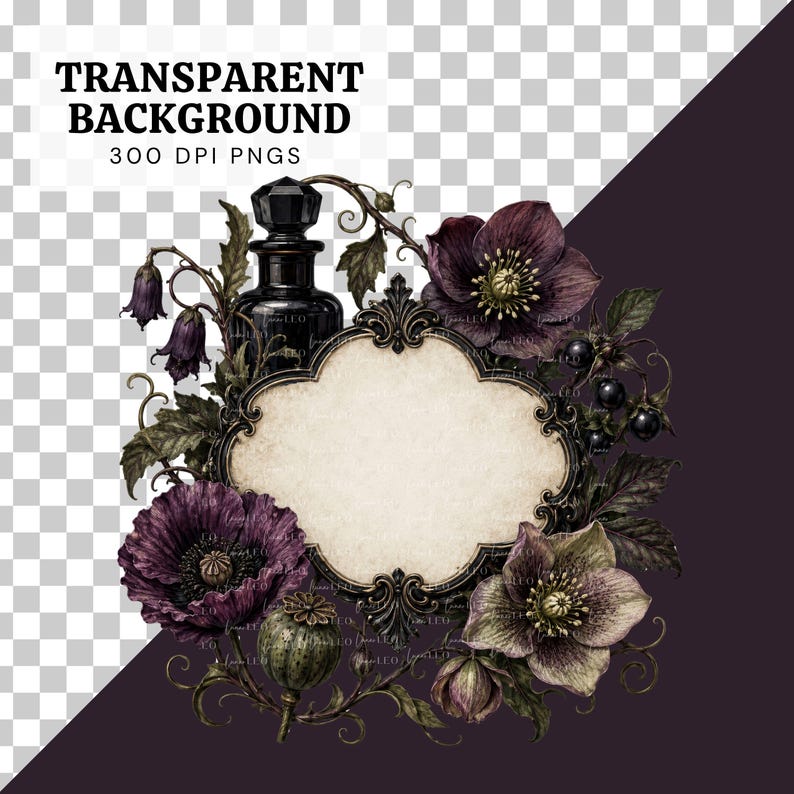 May include: An ornate, cream-colored oval frame with dark metal filigree edges, surrounded by dark purple flowers, green leaves, a black glass apothecary bottle, and small dark berries. The design features a vintage aesthetic with botanical elements.