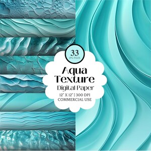 May include: A set of 33 digital paper backgrounds featuring aqua blue abstract textures. The textures include swirling, wavy, and rippled patterns. The digital papers are 12 inches by 12 inches and 300 DPI. They are for commercial use.