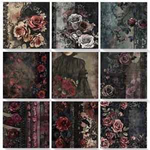 K&ouml;nnte beinhalten: Eine Collage aus neun Bildern mit dunklen, stimmungsvollen Blumenmustern mit Rosen, Spitze und Vintage-Texturen. Die Bilder sind in einem Raster angeordnet und zeigen eine Vielzahl von Farben, darunter Schwarz, Rot, Wei&szlig; und Grau.