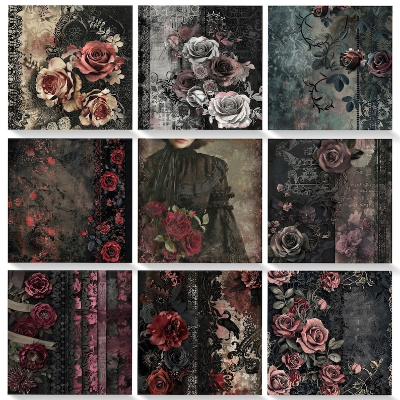 K&ouml;nnte beinhalten: Eine Collage aus neun Bildern mit dunklen, stimmungsvollen Blumenmustern mit Rosen, Spitze und Vintage-Texturen. Die Bilder sind in einem Raster angeordnet und zeigen eine Vielzahl von Farben, darunter Schwarz, Rot, Wei&szlig; und Grau.