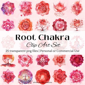 Può includere: Una collezione di 20 illustrazioni ad acquerello di simboli dei chakra e disegni floreali nei toni del rosso, rosa e viola. Il testo "Root Chakra Clip Art Set" è visualizzato al centro, con testo aggiuntivo sotto.