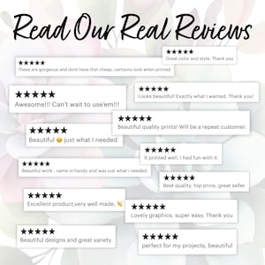 Pu&ograve; includere: Immagine con recensioni dei clienti su sfondo floreale. Il testo "Read Our Real Reviews" &egrave; in alto. Le recensioni includono frasi come "Great color and style" e "Excellent product, very well made."
