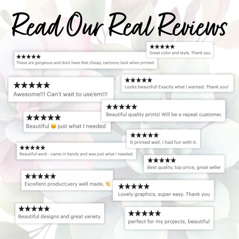 Pu&ograve; includere: Immagine con recensioni dei clienti su sfondo floreale. Il testo "Read Our Real Reviews" &egrave; in alto. Le recensioni includono frasi come "Great color and style" e "Excellent product, very well made."