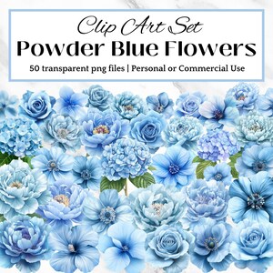 CLIPART Fiore blu Polvere blu floreale PNG Design per matrimonio Baby shower Bambino Asilo nido Arte da parete Invito digitale azzurro Festa Pacchetto grafico