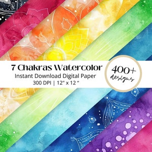 May include: Seven watercolor digital papers featuring the seven chakras colors. Each paper has a white mandala design and is 12 inches by 12 inches. The text "7 Chakras Watercolor", "Instant Download Digital Paper", "300 DPI | 12" x 12"", and "400+ designs" is included in the image.