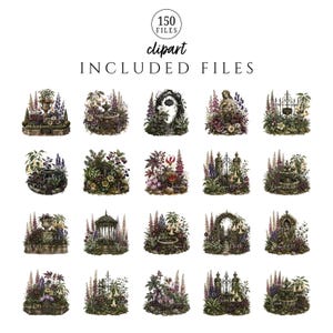 May include: A digital collection of 150 clipart files featuring various garden scenes with stone fountains, wrought iron gates, stone arches, statues, and lush floral arrangements in shades of purple, green, and white on a white background.