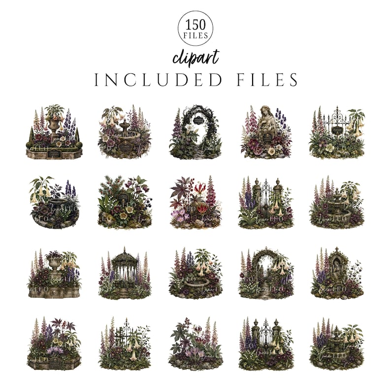 May include: A digital collection of 150 clipart files featuring various garden scenes with stone fountains, wrought iron gates, stone arches, statues, and lush floral arrangements in shades of purple, green, and white on a white background.