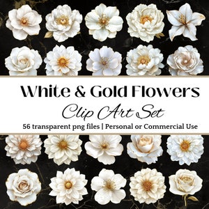 Fleur blanche et or CLIPART PNG pour scrapbooking Journal indésirable pour la fabrication de cartes Floral Design imprimable DIY papier éphémère téléchargement numérique