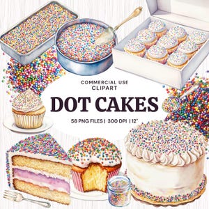 May include: A digital collection of watercolor illustrations featuring cakes, cupcakes, and sprinkles. The text reads: COMMERCIAL USE CLIPART DOT CAKES 58 PNG FILES | 300 DPI | 12". Includes various baked goods topped with colorful dot sprinkles.
