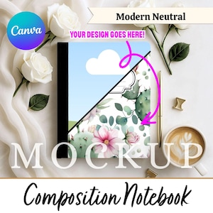 Op de afbeelding: Mockup van een compositie-notitieboek met een bloemen- en cactusontwerp. Het notitieboek heeft een blauwe lucht met een wolk en de tekst "YOUR DESIGN GOES HERE!". De woorden "MOCKUP" en "Composition Notebook" zijn ook zichtbaar.