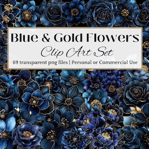 Blue Gold Flower CLIP ART Black Blue Rose Dark Aesthetic Decor Goth Scrapbook Clipart for Halloween Invitation DIY Blue Floral Theme Gothic