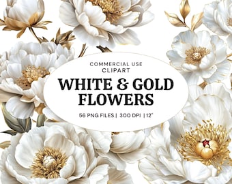 White and Gold Flower Clipart, Peony Rose Daisy PNG Bundle, Wedding Floral Graphics, Commercial Use
