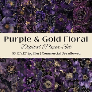 Purple Gold Floral DIGITAL PAPER Dark Floral Design Purple Flower Black Floral Gold Accent Floral Background Rose Theme Floral Design Purple