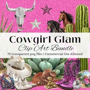Cowgirl CLIP ART rose Western strass mode esthétique pays fille botte cactus cheval numérique Bundle Boho rodéo glam western graphique bricolage