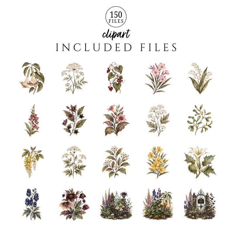 May include: A digital collection of 150 clipart files featuring botanical illustrations of various flowers, plants, and garden scenes. The set includes individual floral stems, clusters, and detailed landscape vignettes in muted, natural color tones.