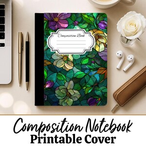 COPERTINA PER QUADERNO COMPOSIZIONE Stampabile con fiori in vetro colorato per quaderno di ritorno a scuola Diario personalizzabile fai da te Raccoglitore anteriore Fiori primaverili