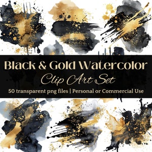 Salpicaduras de acuarela de oro negro de lujo PNG Trazo de pincel Salpicadura de pintura abstracta CLIPART para invitaciones de boda modernas y diseño de arte de pared de lujo