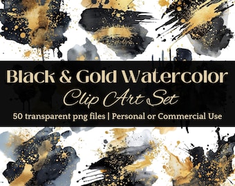 Luxury Black Gold Watercolor Splatter PNG Brush Stroke Abstract Paint Splash CLIPART for Modern Wedding Invitations & Luxury Wall Art Design
