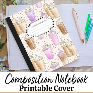 Könnte beinhalten: Notizbuch mit cremefarbenem Einband, gemustert mit illustrierten Eiskaffeegetränken in Braun, Lila und Rosa. Das Notizbuch ist auf einer leeren Seite mit einem Stift und Bleistiften geöffnet.