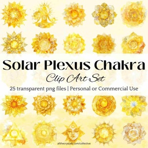 Conjunto de imágenes prediseñadas PNG del chakra del plexo solar para cuadernos de trabajo de confianza, símbolos de energía amarilla, gráficos de sanación, coaching espiritual y diseño de Reiki.