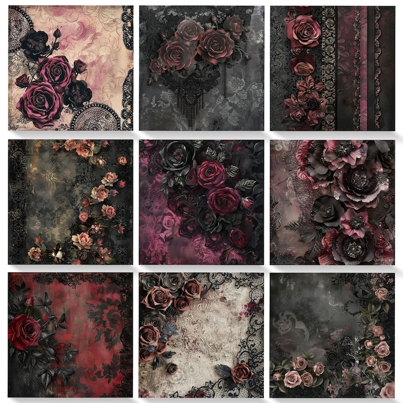 K&ouml;nnte beinhalten: Neun digitale Collage-Bilder mit dunkelroten Rosen mit schwarzer Spitze und einer Vintage-Gothic-&Auml;sthetik.