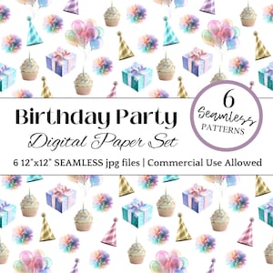 Birthday DIGITAL PAPER SEAMLESS Wrapping Paper Pom Pom Watercolor Balloon Pastel Sprinkle Party Scrapbook Paper Fun Gift Wrap Background diy