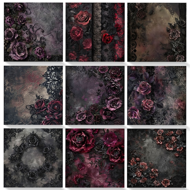 K&ouml;nnte beinhalten: Neun digitale Collage-Bilder mit dunklen, stimmungsvollen und romantischen Blumendesigns mit schwarzen Spitzenakzenten. Die Bilder zeigen dunkelrote und violette Rosen vor einem Grunge-Hintergrund.