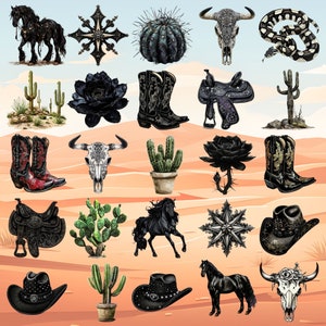 May include: A collection of illustrations featuring Western and desert themes. Includes cowboy boots, saddles, cacti, a horse, a steer skull, a snake, a black rose, and a cowboy hat. The color palette is primarily black, white, red, and green.