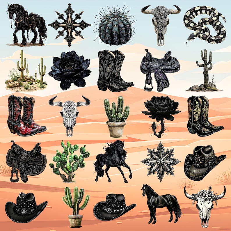 May include: A collection of illustrations featuring Western and desert themes. Includes cowboy boots, saddles, cacti, a horse, a steer skull, a snake, a black rose, and a cowboy hat. The color palette is primarily black, white, red, and green.