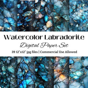 May include: A digital paper set featuring 39 watercolor patterns of labradorite gemstone in shades of blue, teal, and gold. Each pattern is 12 inches by 12 inches and is suitable for commercial use.