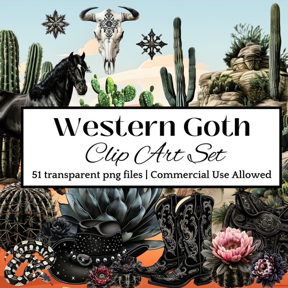 Western Goth CLIP ART Gothic Cowgirl Clipart Wild West Dark Aesthetic Scrapbook Western Invitation Cow Girl Theme Goth Decor Gothic Invite
