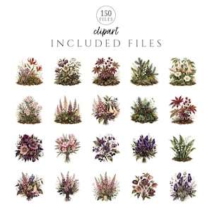May include: A digital collection of 150 clipart files featuring various botanical illustrations. The set includes diverse arrangements of flowers, foliage, and greenery in shades of red, purple, pink, green, and white, displayed in a grid format.
