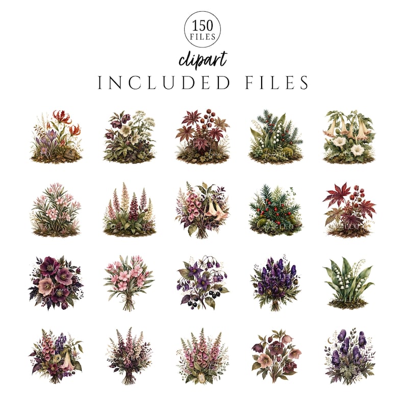 May include: A digital collection of 150 clipart files featuring various botanical illustrations. The set includes diverse arrangements of flowers, foliage, and greenery in shades of red, purple, pink, green, and white, displayed in a grid format.