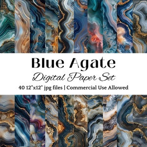 Peut inclure: Un ensemble de papiers numériques composé de 40 motifs d'agate bleue avec des accents dorés. Chaque motif mesure 30,5 cm sur 30,5 cm et est adapté à un usage commercial.