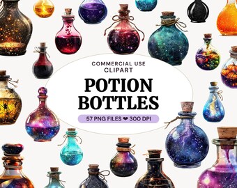 Potion Bottle Clipart, Magical Elixir PNG Bundle, Witchy Fantasy Art, Commercial Use