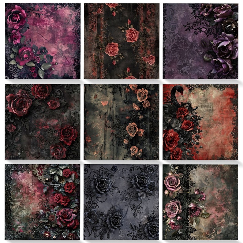 K&ouml;nnte beinhalten: Neun digitale Collage-Quadrate mit dunklen, stimmungsvollen und romantischen Blumenmustern mit Rosen, Ranken und Spitze. Die Muster sind in den Farben Schwarz, Rot, Lila und Grau gehalten.