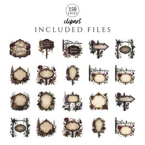 May include: A digital collection of 150 clipart files featuring ornate signs and plaques decorated with dark floral elements and wrought iron details. Some signs include the text Poison Garden, while others are blank, featuring aged parchment textures.