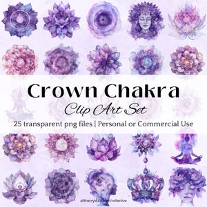 Conjunto de imágenes PNG del chakra de la corona para gráficos de conexión divina, símbolos de energía violeta, coaching espiritual, decoración de Reiki y diarios de meditación (JPG)