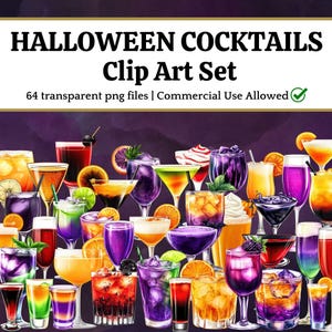 May include: A collection of colorful Halloween cocktails in various glasses, garnished with fruit slices and other decorations. The image includes text that reads "HALLOWEEN COCKTAILS Clip Art Set" and "64 transparent png files | Commercial Use Allowed".