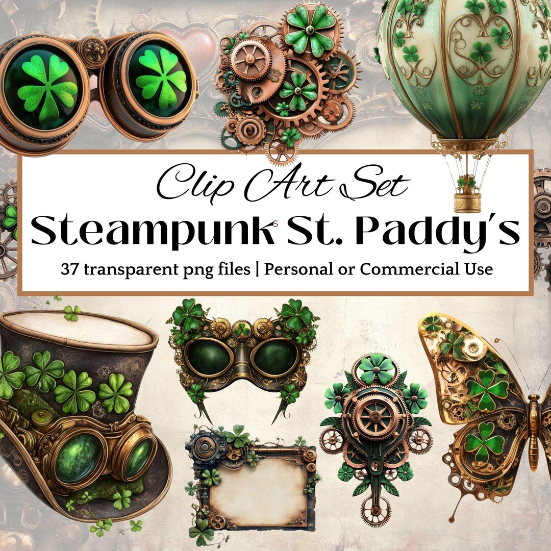 Steampunk St Patricks Day CLIPART PNG – Shamrock Png Vintage Gears ...