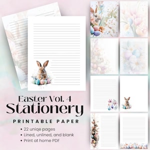 Papel de escribir de conejito de Pascua – Set de papelería imprimible de primavera con 22 páginas (con rayas, en blanco y sin rayas) – Páginas de diario con adorables conejos en PDF