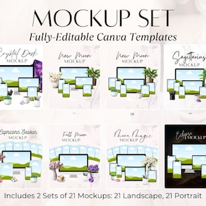 Puede incluir: Un conjunto de 21 plantillas de Canva totalmente editables para crear maquetas. Las plantillas presentan una variedad de temas, que incluyen escritorio de cristal, luna nueva, luna llena, temporada de Capricornio, Sagitario y eclipse. Las maquetas están disponibles en orientaciones horizontal y vertical.