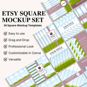 May include: An Etsy Square Mockup Set with 34 square mockup templates. The image shows multiple templates with a blue sky and green landscape design. Text includes "Easy to use", "Drag and Drop", and "Customizable in Canva".