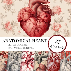 Anatomical Heart DIGITAL PAPER Vintage Floral Background Romantic Scrapbook Paper Heart Design Printable Valentine&#39;s Day Art DIY Toile Print