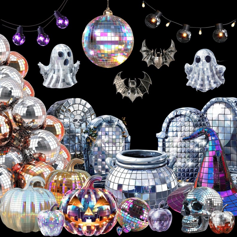 Disco Halloween CLIPART Set PNG For Retro Party Decor Spooky Ghost 