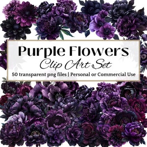 Flor roxa CLIP ART Preto Roxo Rosa Escuro Estética Decoração Gótica Scrapbook Clipart para Convite de Halloween DIY Tema Floral Roxo Gótico