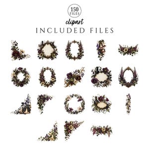 May include: A digital collection of 150 clipart files featuring dark floral arrangements, ornate frames, and corner accents. The designs include deep purple, burgundy, and cream-colored flowers with intricate green vines and vintage-style borders.