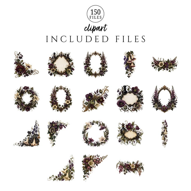 May include: A digital collection of 150 clipart files featuring dark floral arrangements, ornate frames, and corner accents. The designs include deep purple, burgundy, and cream-colored flowers with intricate green vines and vintage-style borders.